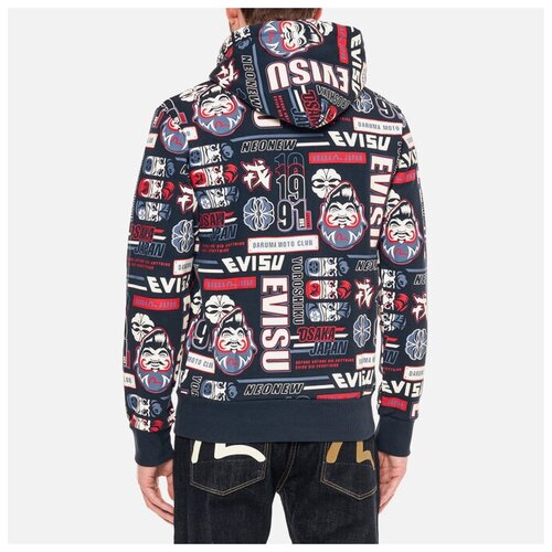 фото Мужская толстовка evisu all over daruma and slogan print hoodie синий , размер s