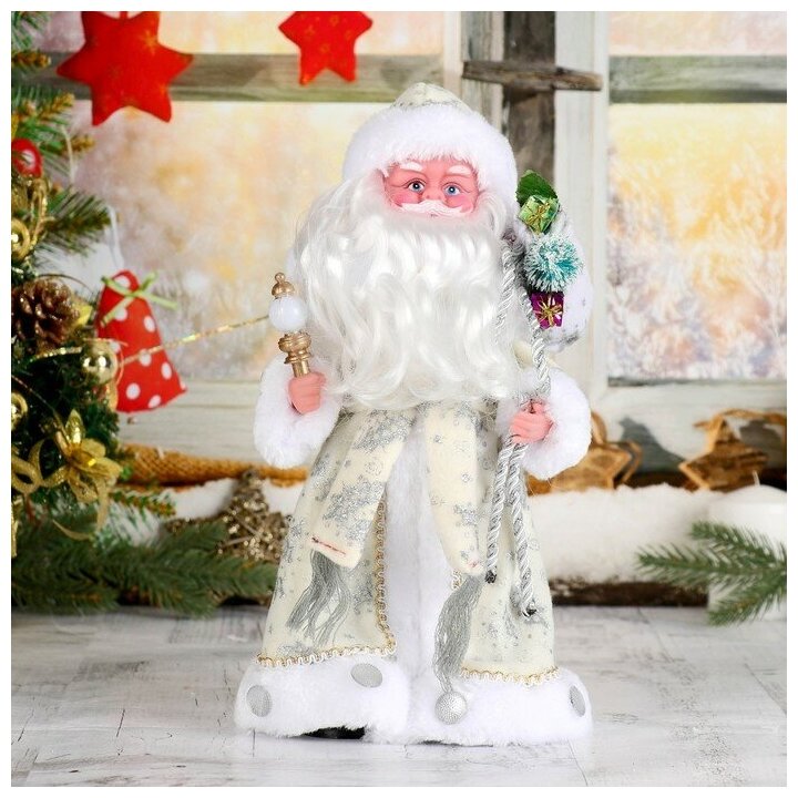 Дед Мороз "В белой шубке с подарками" двигается с подсветкой 30 см