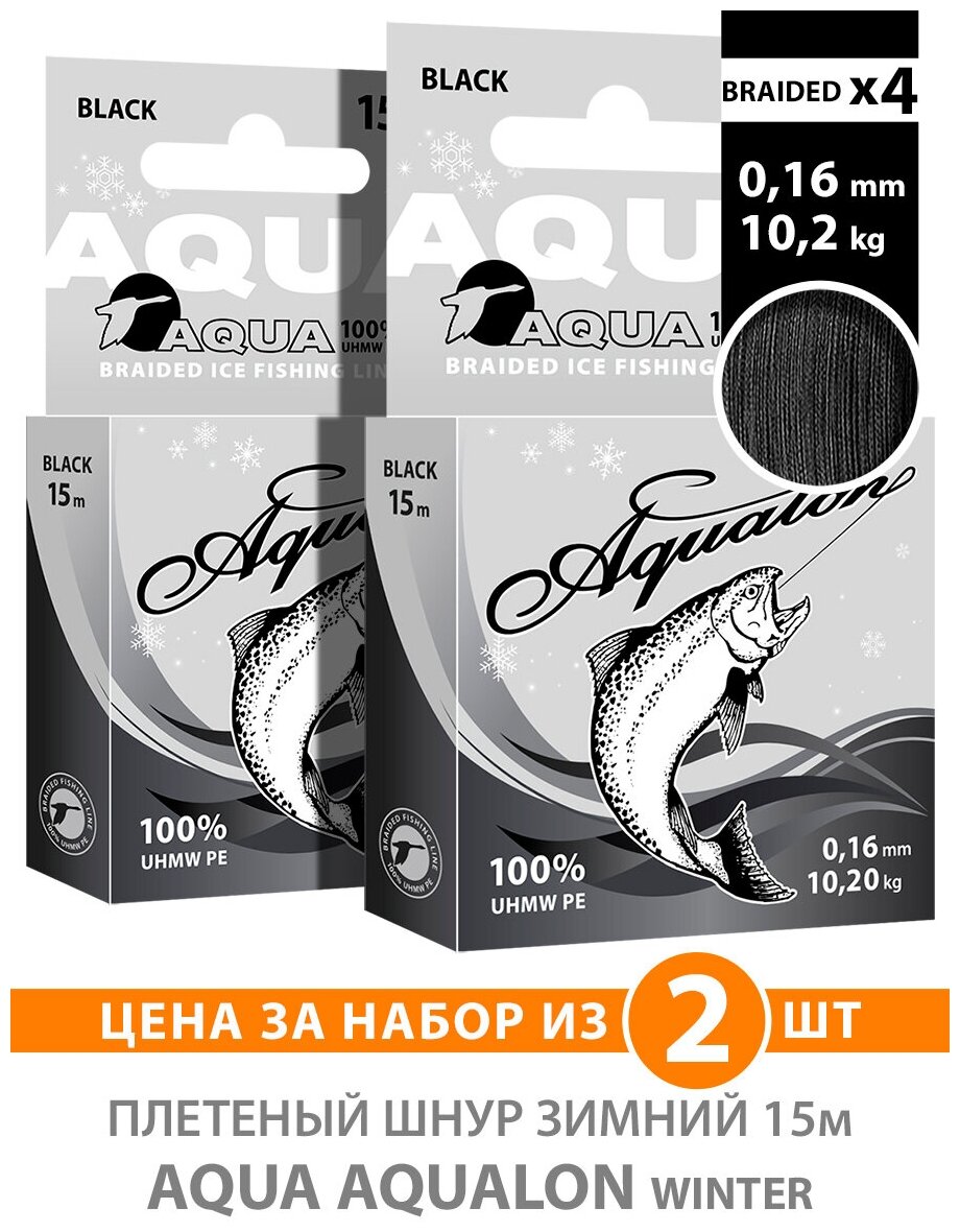 Плетеный шнур для рыбалки зимний AQUA Aqualon Black 15m 0.16mm 115m 0.20kg 2шт