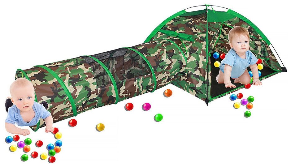 Палатка детская игровая тканевая PITUSO Милитари + туннель + 100 шариков