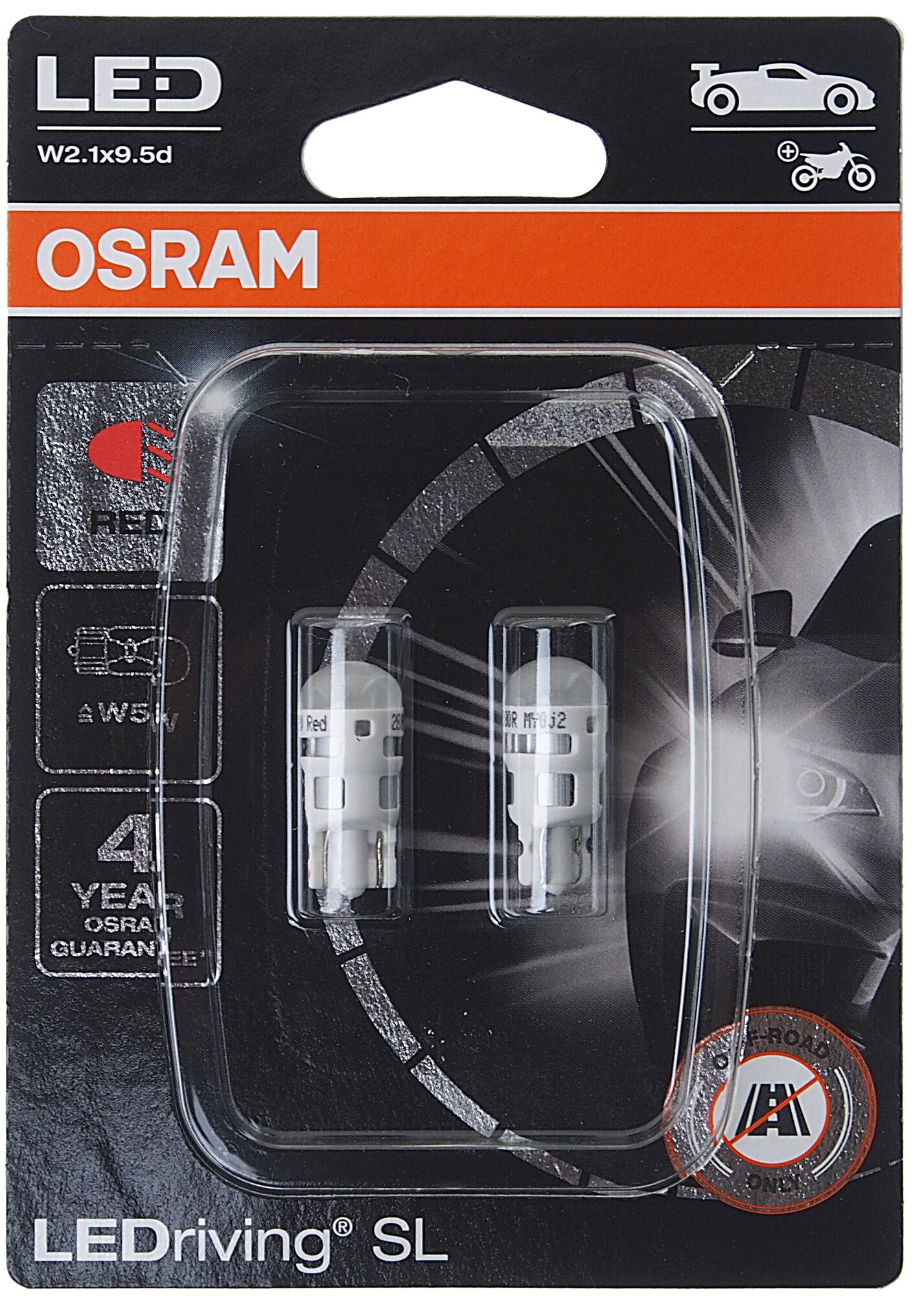 Автолампа W5W (W2.1x9.5d) LED (блистер 2шт) RED 12V OSRAM /1/10 NEW