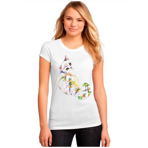 фото "женская белая футболка кошка, орхидеи, взгляд". размер xl drabs