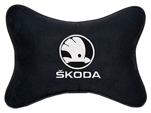 Фото Автомобильная подушка на подголовник алькантара Black (белый) с логотипом автомобиля Skoda