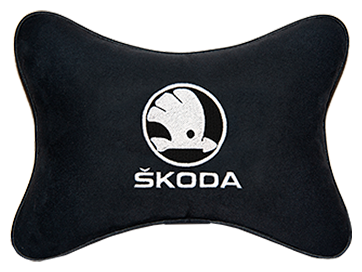 Автомобильная подушка на подголовник алькантара Black (белый) с логотипом автомобиля Skoda