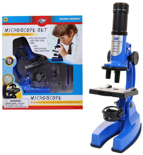 Микроскоп c аксессуарами увеличение 100х450х900, 36 предметов в наборе, цвет синий