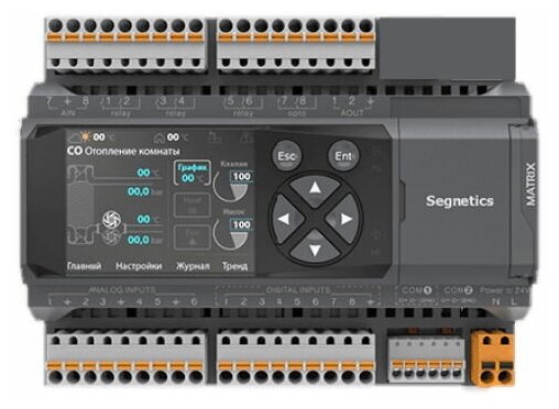 Matrix-1020-70-0 Segnetics Контроллер + HMI 24В 8DI (NPN/PNP) 8AI (RTD, NTC, 4-20мА/0-10В) 6RO (5A) 2DO (оптореле) 2AO (0-10В) 2RS485 Modbus RTU