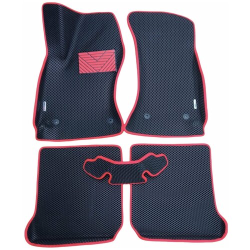 Автомобильные коврики ЕВА / EVA для Audi A4 (B5) 1994-2001 / Ауди А4 (Б5) / 3D 3д / с бортами / черный-красный + резиновый подпятник + 2 шильдика