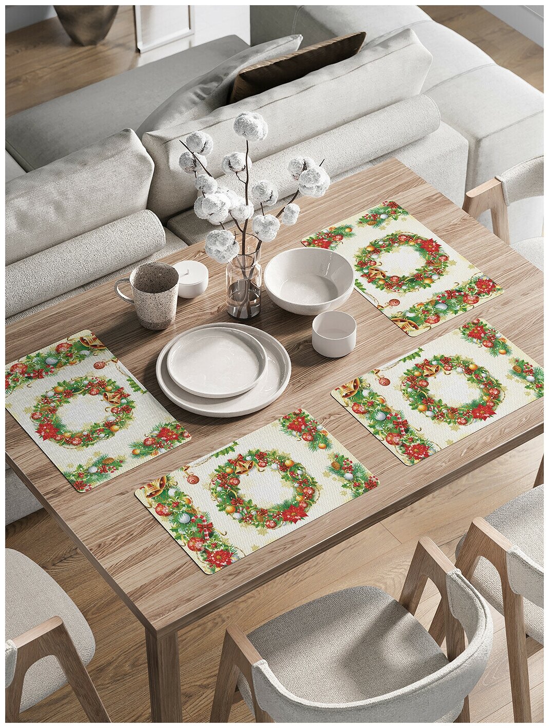 Комплект тканевых салфеток, плейсматов с рисунком JoyArty "Новогодние венки" для сервировки стола, подарочный набор 46x30 см, 4шт.