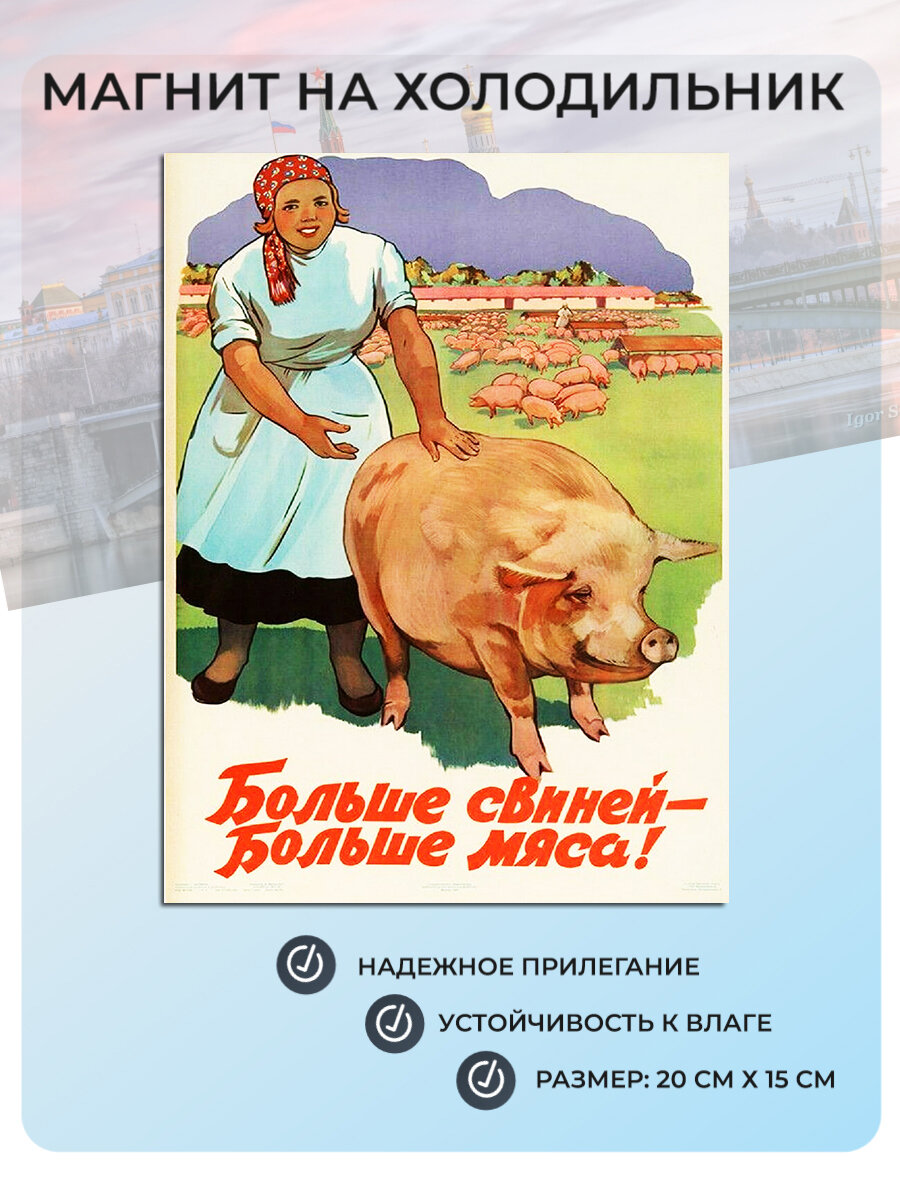 Магнит на холодильник Больше свиней - больше мяса! (20х15 см) СССР №27