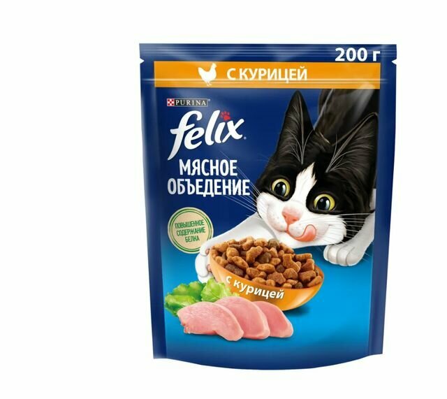 Felix сухой корм для взрослых кошек, с курицей Мясное объедение, 200 г, 3 шт