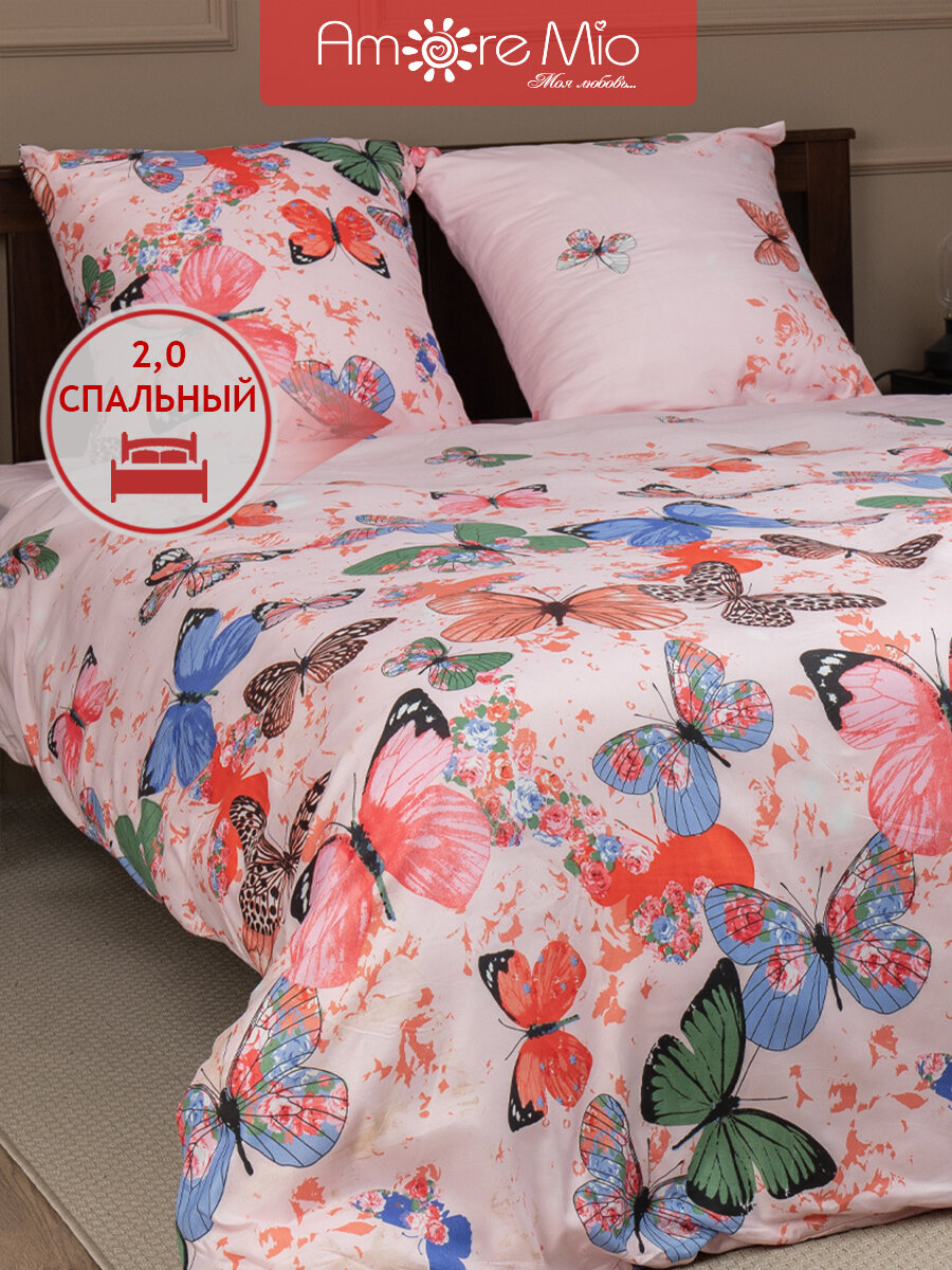 Постельное белье Amore Mio серии Макосатин 2-спальное, комплект розовый с рисунком бабочки, полисатин