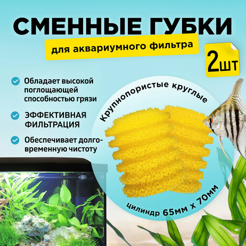 Сменные крупнопористые круглые губки для аквариумного фильтра 2шт для BARBUS, SOBO, FERONIA и др. 65х70мм цилиндр желтые