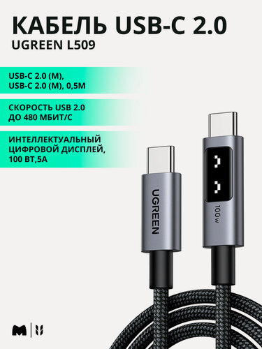 Изображение товара Кабель UGREEN L509 UNO USB-C 2.0 (m) - USB-C 2.0 (m) Robot, 5A, 0,5м, черный/серый (45612)