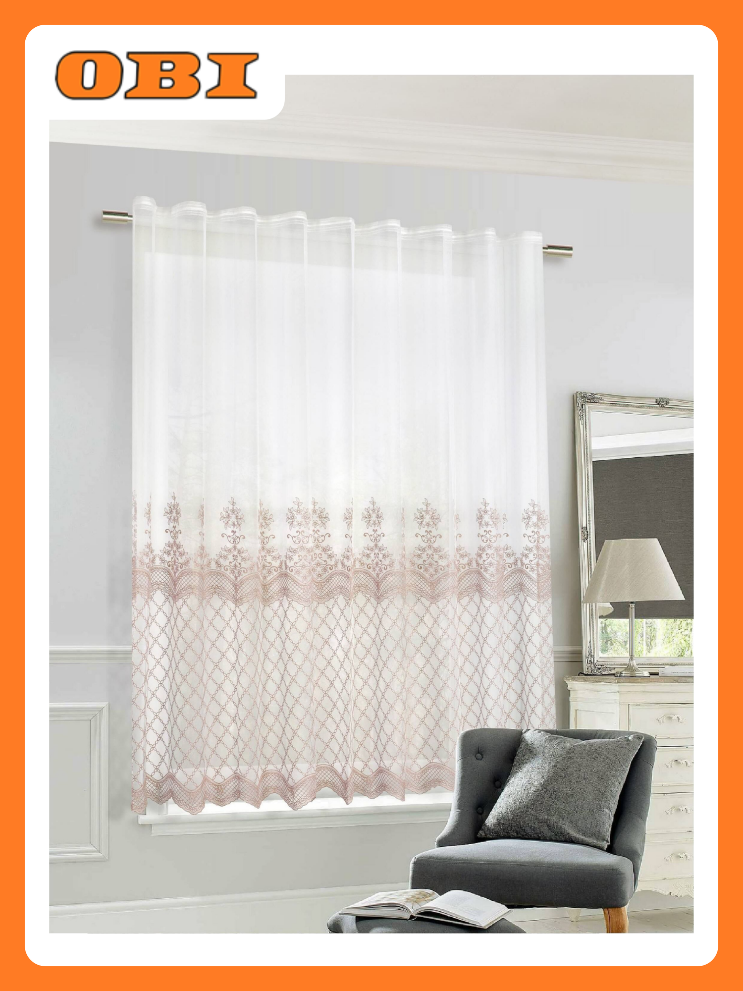 Штора MIAMOZA  для кухни  250x180 см  розовая  с вышивкой  на ленте