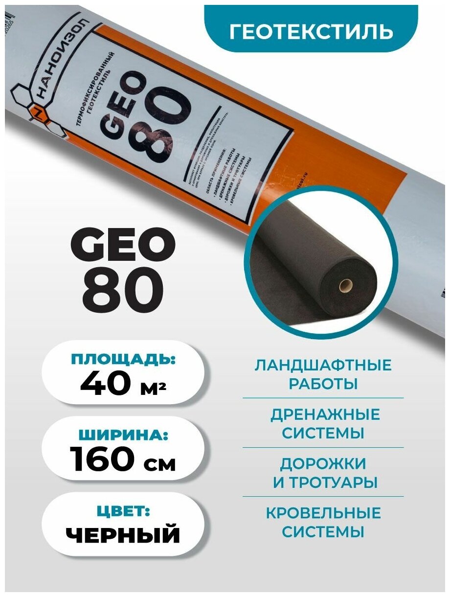 Геотекстиль Наноизол GEO-80 для дорожек, под плитку, дренажа / дренажный, садовый, ландшафтный нетканый (1,6*25м) 40 м2