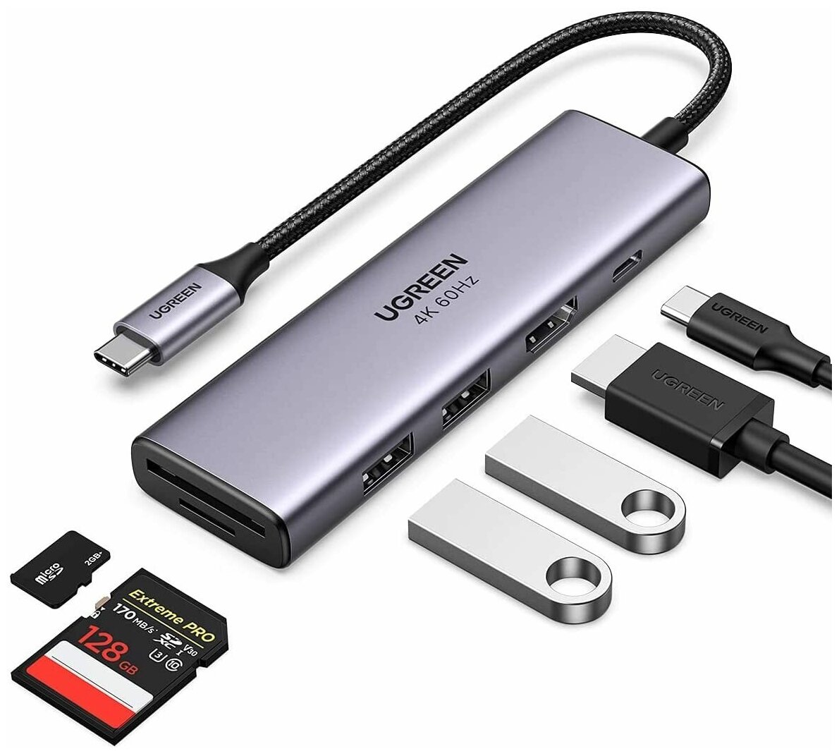 UGREEN. USB концентратор Ugreen 6 в 1 (хаб) 2 х USB 3.0 HDMI TF/SD PD (60384)