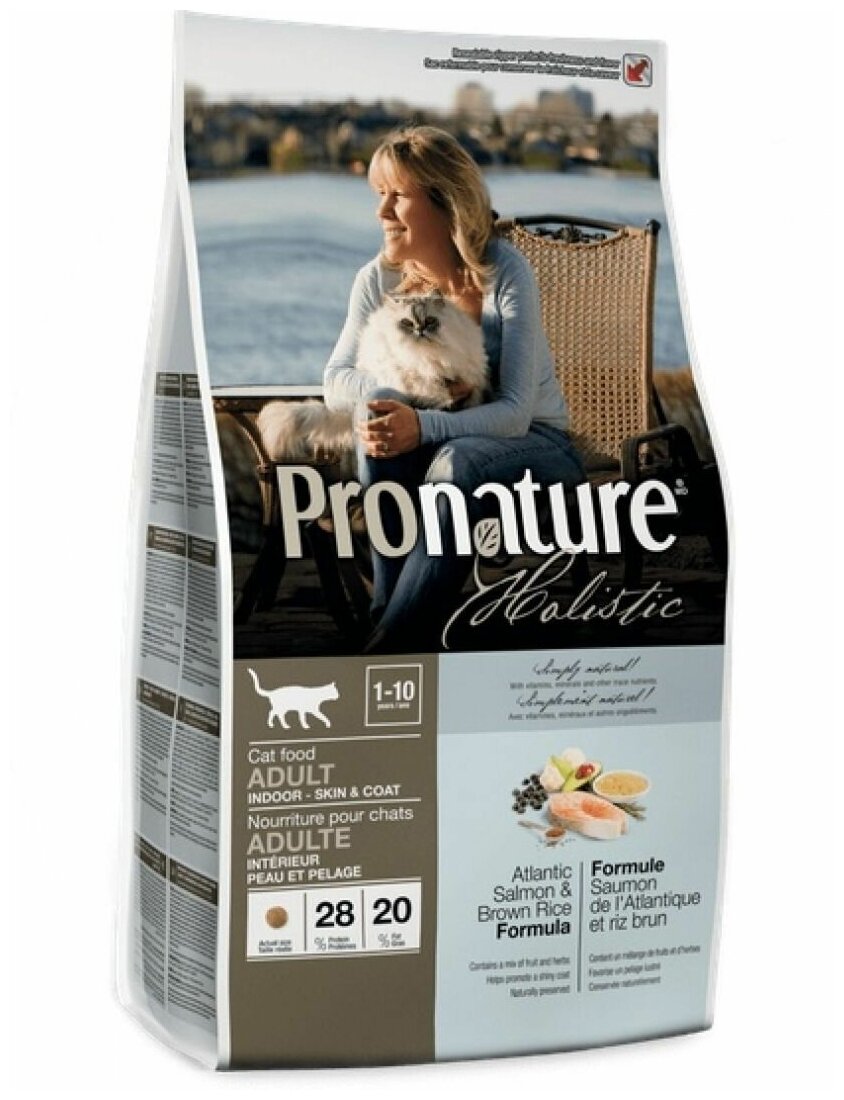 Корм Pronature Holistic Adult Indoor Skin & Coat Atlantic Salmon & Brown Rice Formula для домашних кошек, для кожи и шерсти, с лососем и рисом, 5.44 кг - фотография № 4