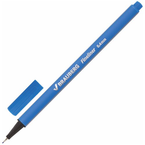 Ручка капиллярная (линер) BRAUBERG Aero, голубая, трехгранная, металлический наконечник, линия письма 0,4 мм, 12 шт.