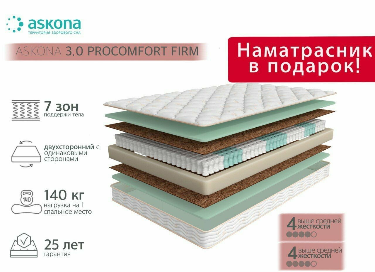 Ортопедический матрас, Анатомический матрас, ASKONA 3.0 ProComfort Firm/3.0 ПроКомфорт Фирм, С зональным пружинным блоком, 90х200 см