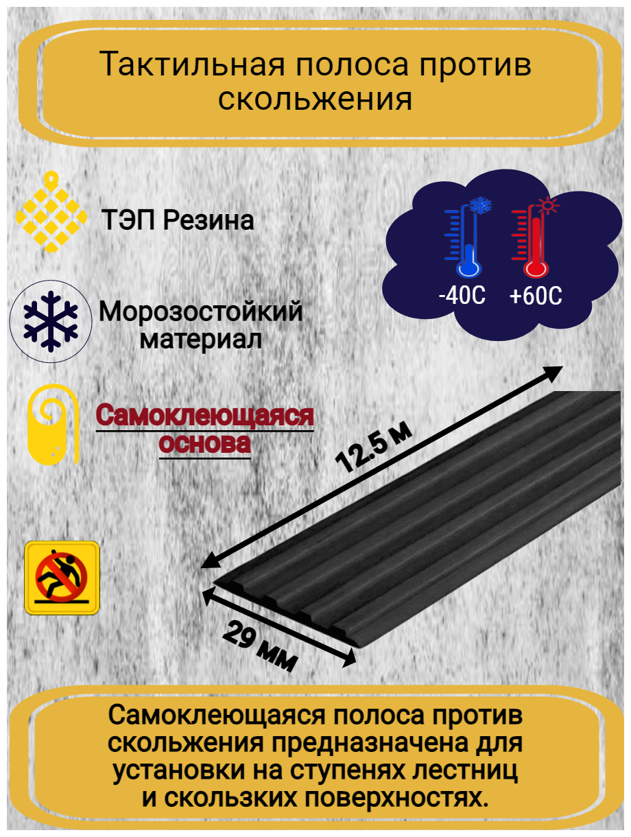 Самоклеящаяся резиновая тактильная полоса против скольжения, 29мм х 3мм, SAFETYSTEP, цвет черный, длина 12,5м - фотография № 1