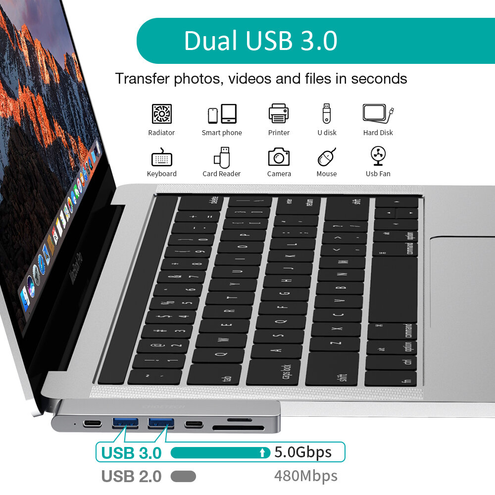 Док-станция хаб 2хUSB-C 7-в-2 Thunderbolt 3 USB-C USB-C PD HDMI 4K SD/Micro 2xUSB-A цвет серый (HUB-M14)