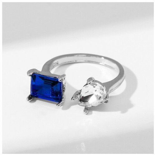 Кольцо Queen Fair, стекло, безразмерное, серебряный, синий кольцо драгоценность дуо цвет бело синий безразмерное