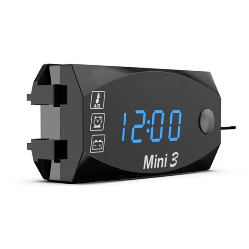 Вольтметр - часы - термометр 3 в 1 12V для мотоцикла - черный с синим 100900₽