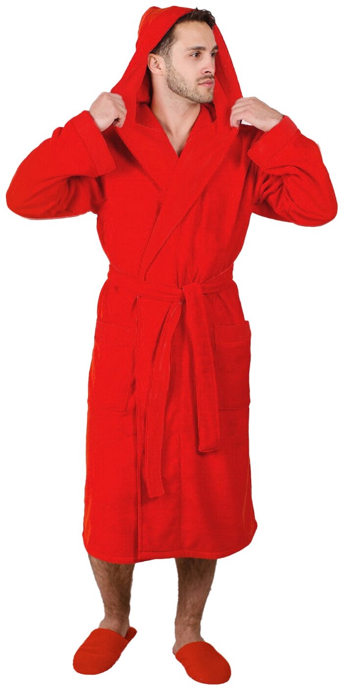Мужской махровый халат с капюшоном, Красный - фотография № 1