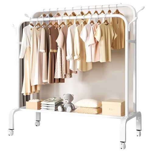 Вешалка напольная для одежды, вещей и обуви стальная, 1 полка, 2 перекладины, 4 крючка, на колесиках, 154х150х50 см, белая