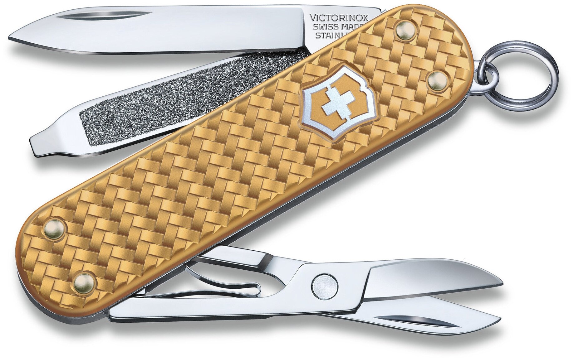 Нож-брелок VICTORINOX Classic SD Precious Alox "Brass Gold", 58 мм, 5 функций, золотистый 0.6221.408G