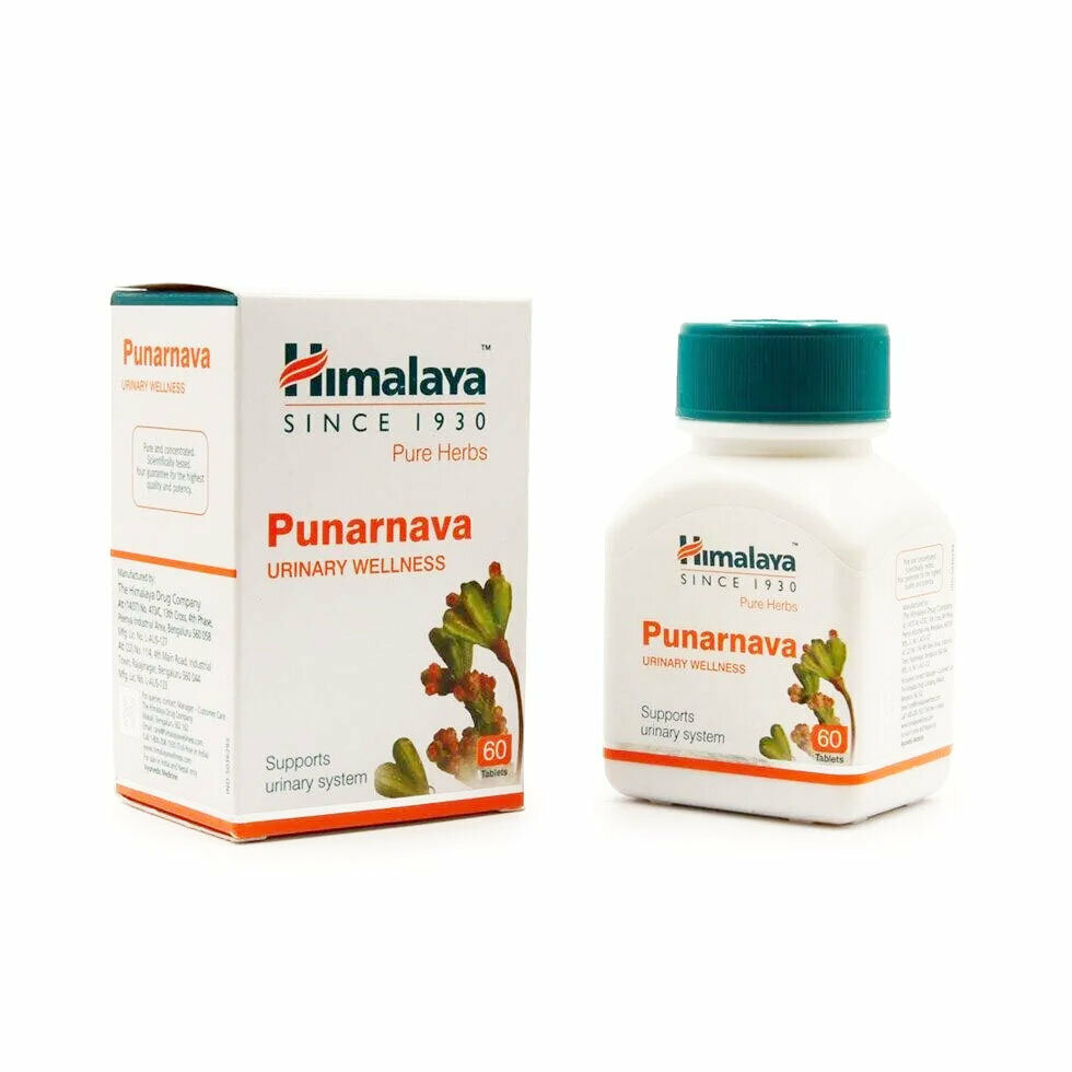 Таблетки Пунарнава Хималая Хербалс (Punarnava Himalaya Herbals) при лечении заболеваний почек и печени, ревматизме, отеков, лихорадки, 60 таб.