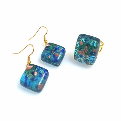 Комплект бижутерии arte di murano: серьги, кольцо, муранское стекло, размер кольца: безразмерное, бирюзовый, голубой