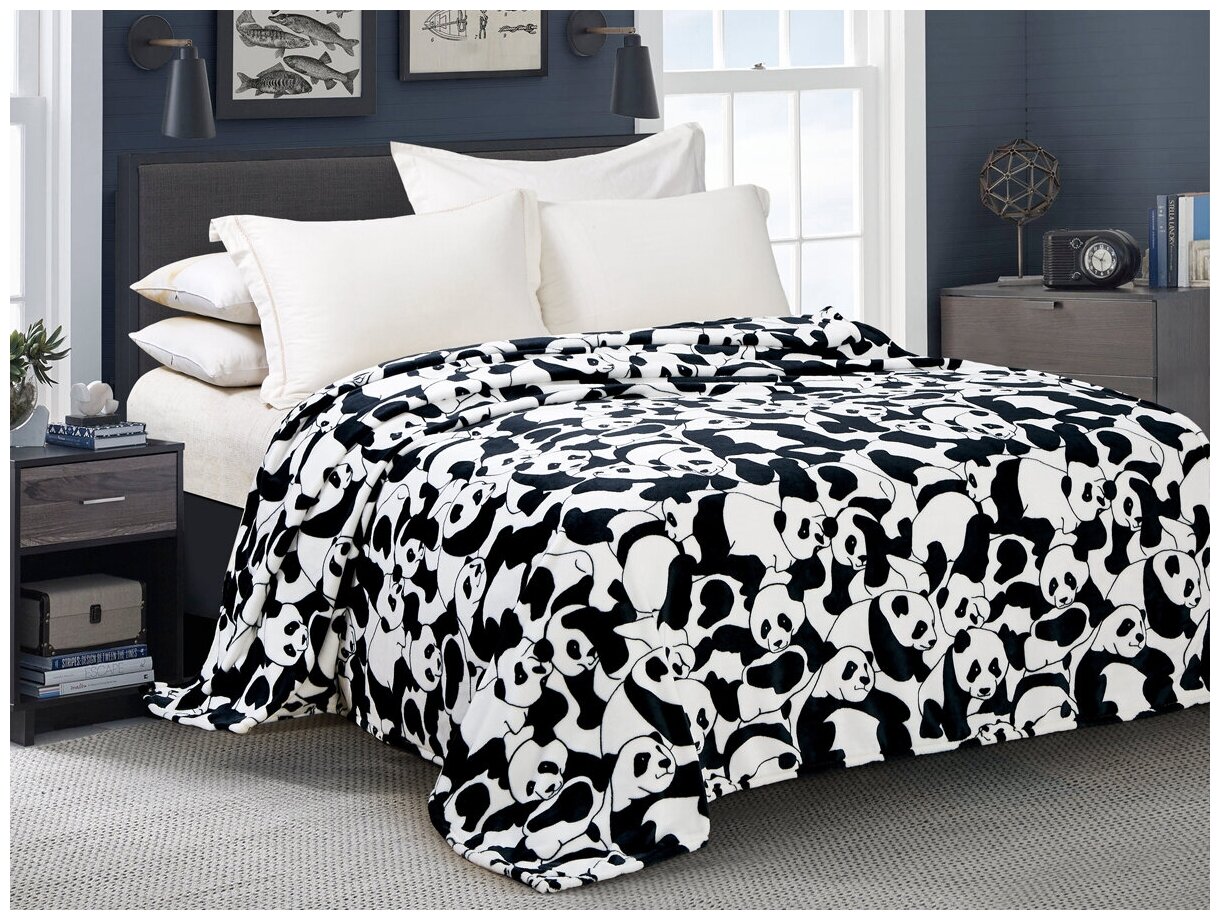 Плед 150х200 полуторный с пандами Cleo California, покрывало на кровать и диван, пушистый с рисунком, велсофт