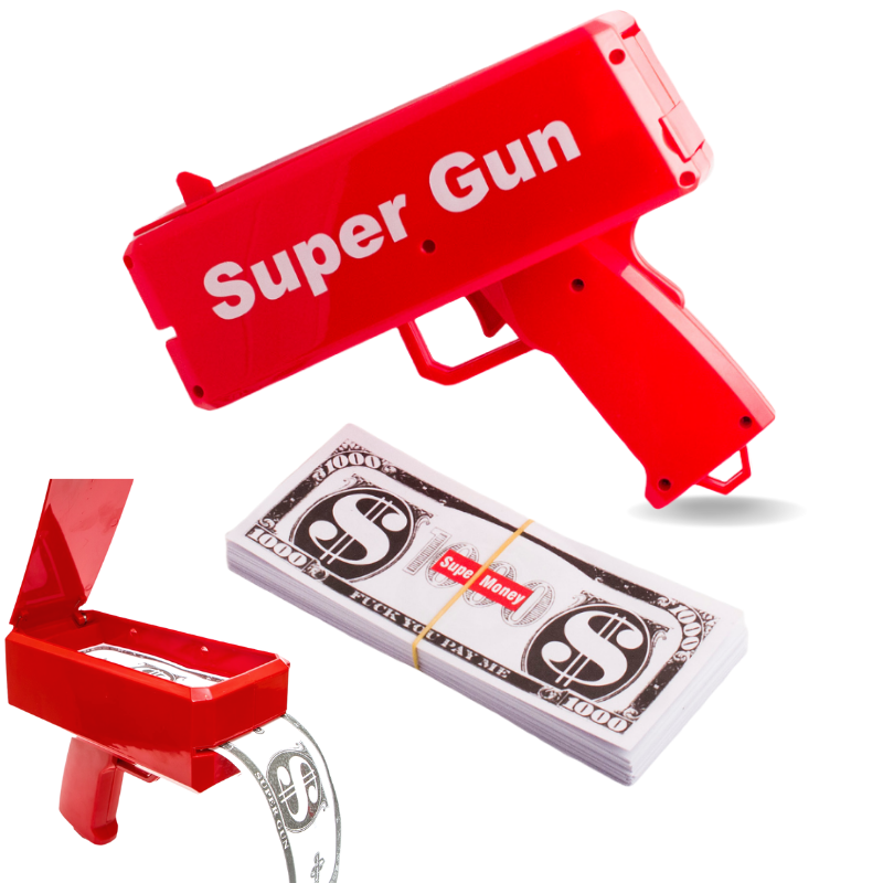 Денежный пистолет Деньгомет Бабломет Super Gun Money Gun стреляет деньгами прикол розыгрыш шутка подарок мужчине