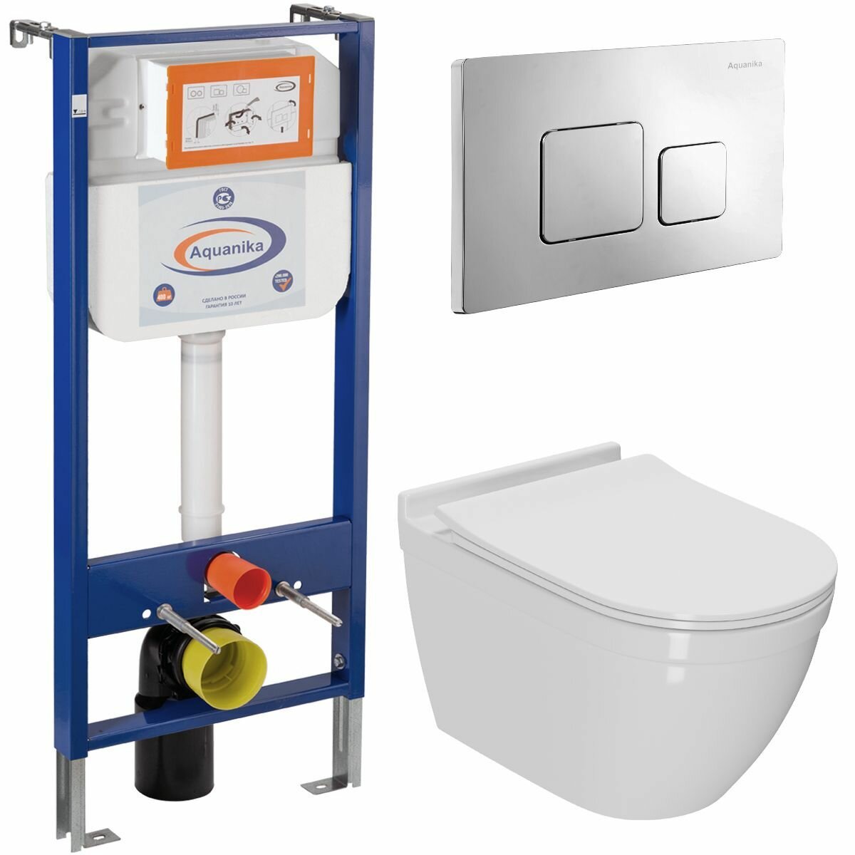 фото Комплект BAU 6 в 1: инсталляция BAU Aquanika, унитаз безободковый Bau Mif PRO, сиденье микролифт, квадратная хромированная клавиша
