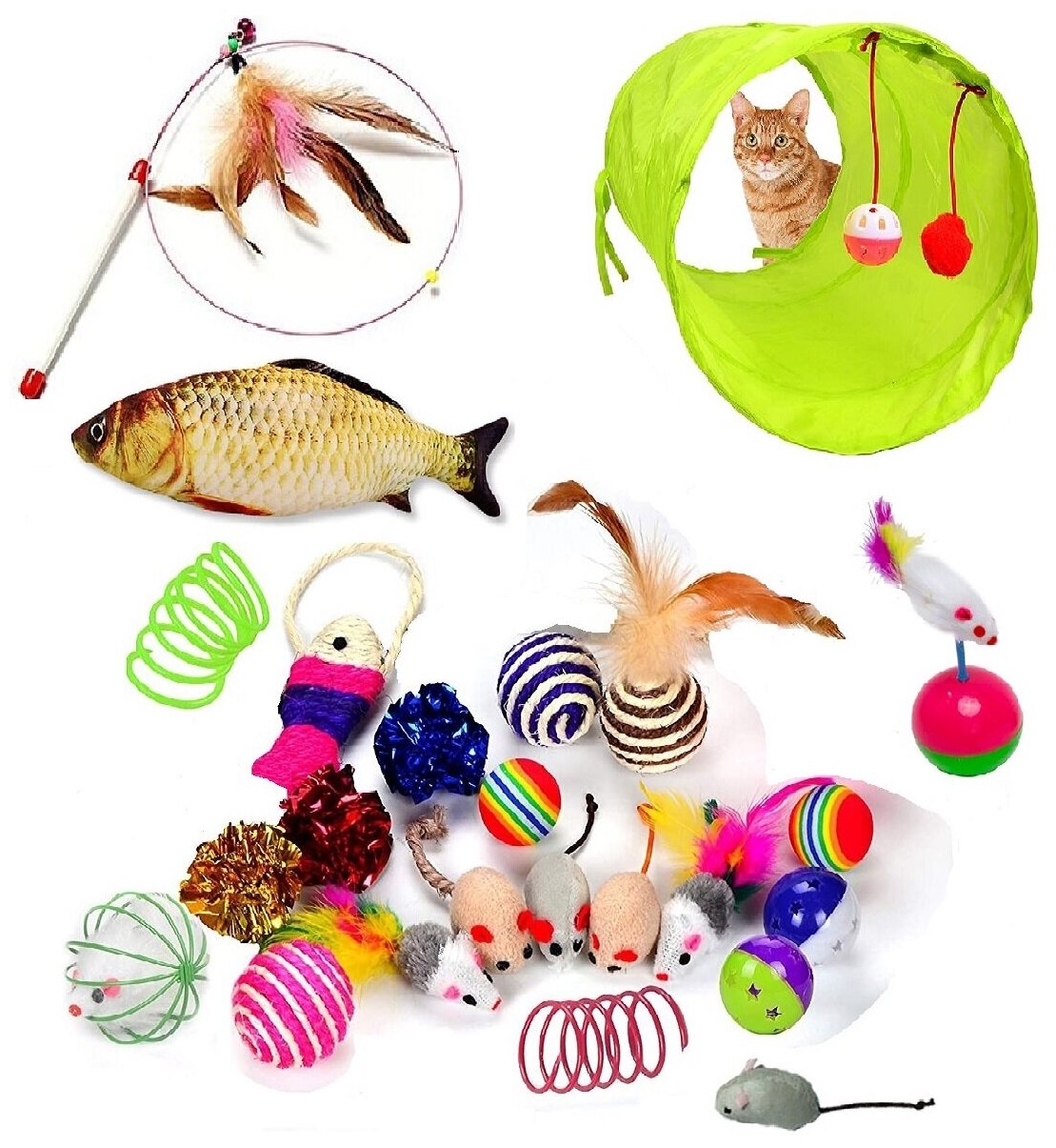 Набор игрушек для кошек 24 предмета туннель набор мышки, неваляшка для животных, удочка дразнилка, мячи, шары, рыба, тоннель - фотография № 1