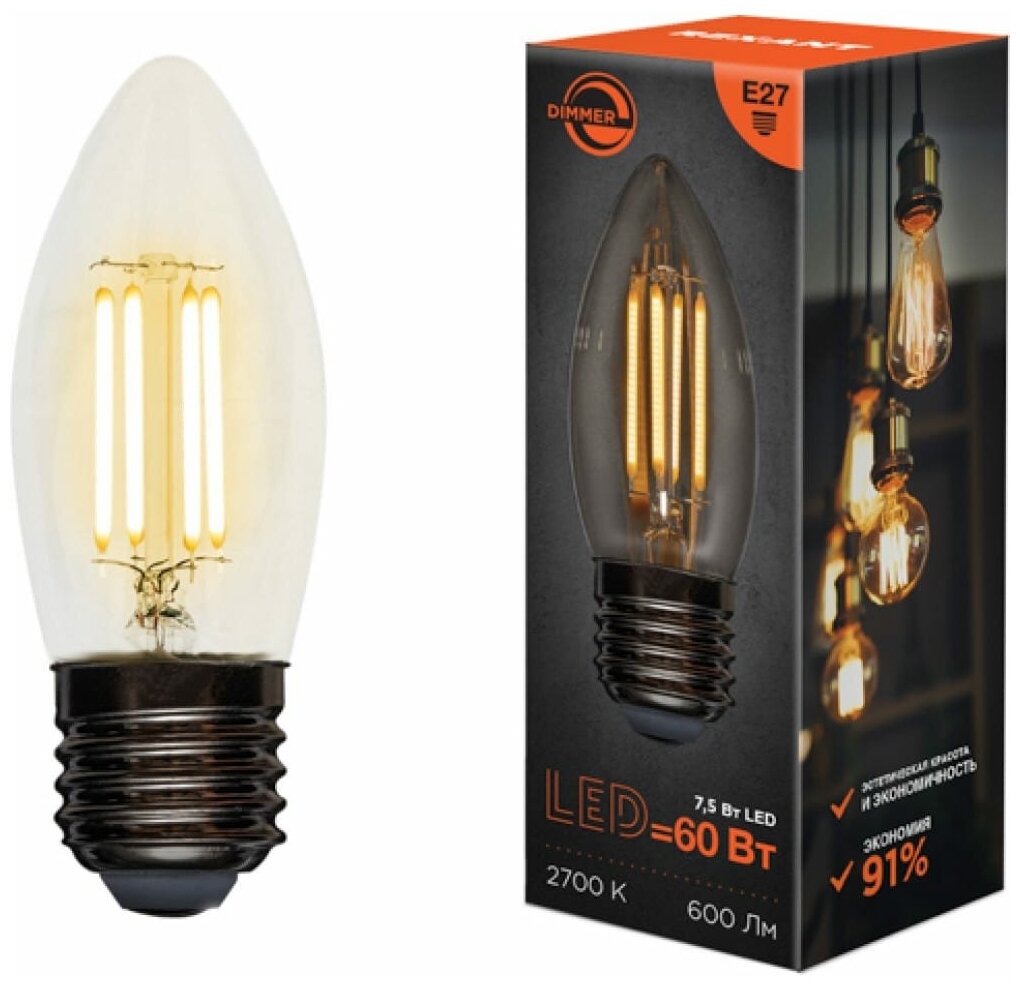 Лампа филаментная Свеча CN35 7,5Вт 600Лм 2700K E27 диммируемая, прозрачная колба REXANT 10 шт арт. 604-089