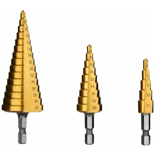 Набор ступенчатых сверл SD03 (3 шт; 4-12; 4-20 мм; 4-32 мм; шестигранный хвостовик) DEKO 065-0533 набор быстрозажимных струбцин 150 мм deko cl150 4 4 шт