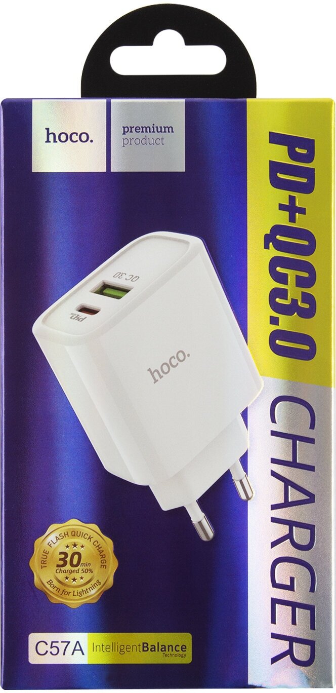 Сетевое зарядное устройство Hoco C57A, USB+Type-C, PD+QC3.0, белый (08625) - фото №17