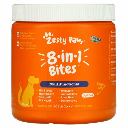 Zesty Paws, Multivitamin Bites, мультивитаминная добавка для собак 8 в 1, для повышения тонуса, для любого возраста, со вкусом курицы, 90 мягких жевательных таблеток, 360 г