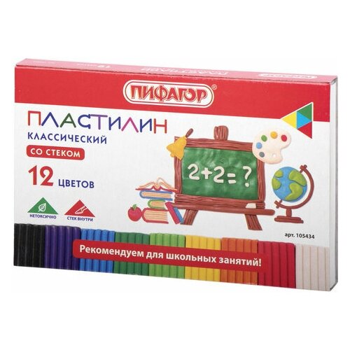 Пластилин классический пифагор школьный, 12 цветов, 180 г, со стеком, 105434, 2 штуки пластилин пифагор классический 12 цветов 180 г 105434 12 цв