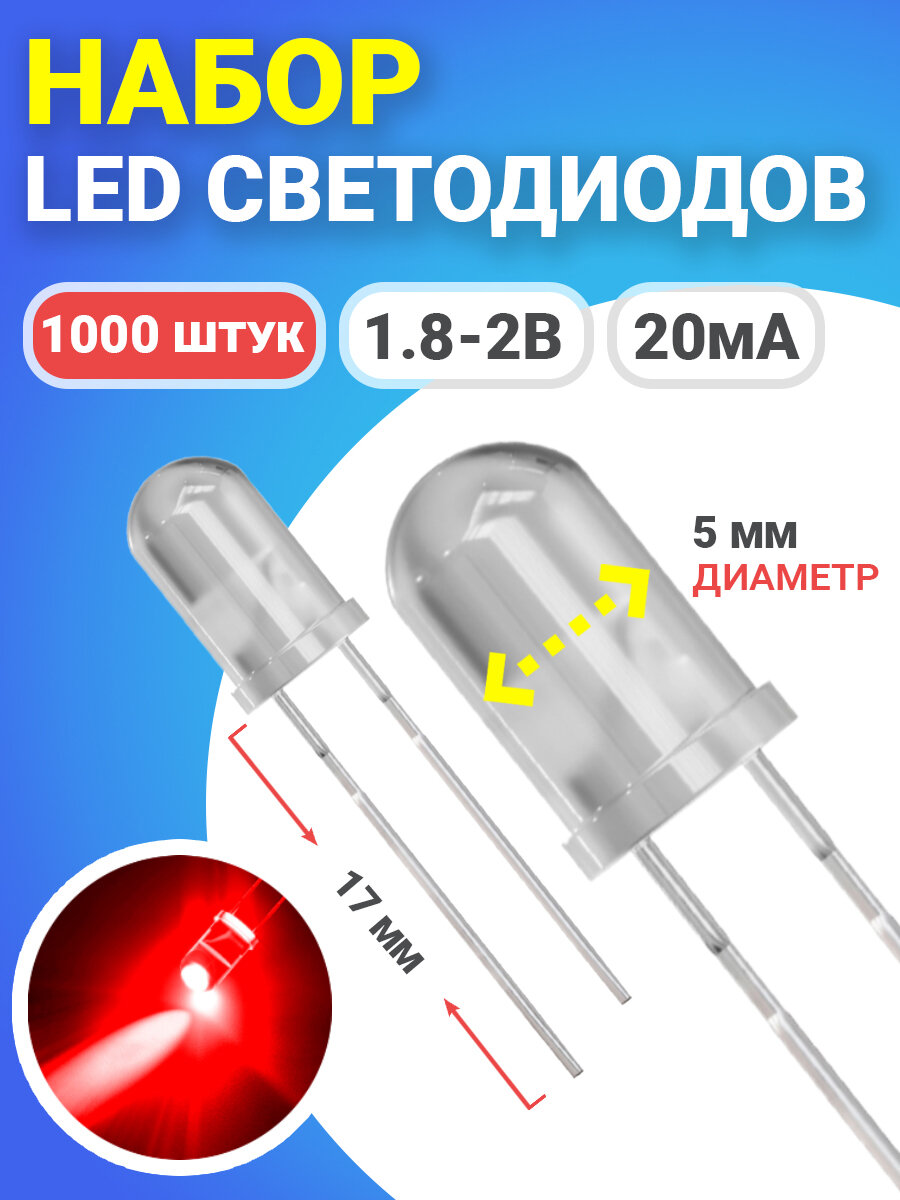 Набор светодиодов LED F5 GSMIN SL3 (1.8-2В, 20мА, 5мм, ножки 17мм) 1000 штук (Красный)