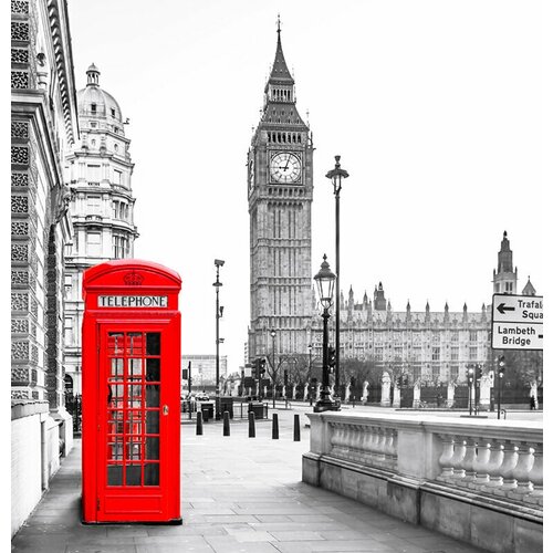 Моющиеся виниловые фотообои GrandPiK Лондон. Красная телефонная будка, 250х260 см