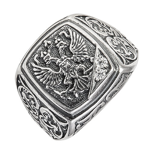 Печатка JEWELLAND кольцо мужское "Россия", серебро, 925 проба, чернение, фианит