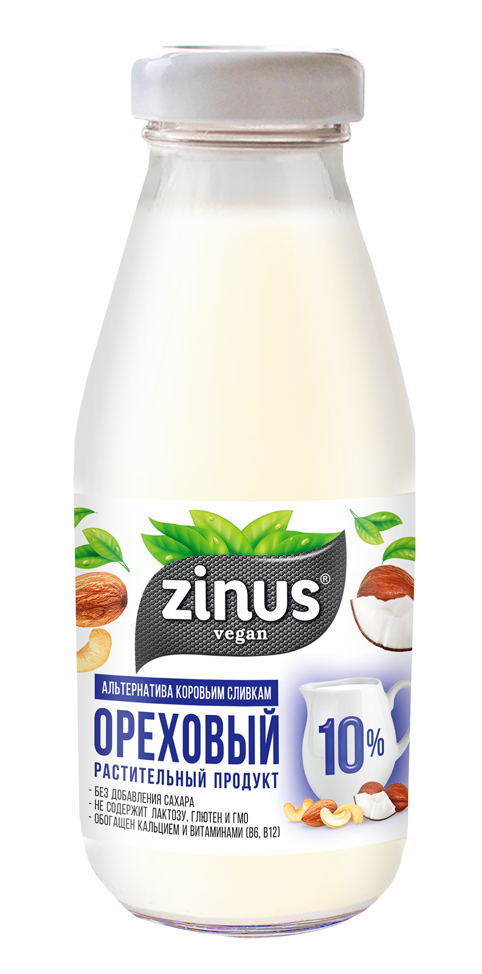 Zinus Vegan "SLIVKI ореховые", жирность 10%, обогащенные кальцием и витаминами, 0,3л стекло/спайка 6 шт, Продукт на растительном сырье ореховый - фотография № 2