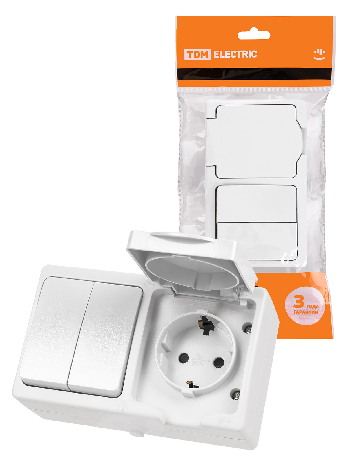 фото Блок (горизонтальный) выключатель 2-кл. + розетка 2П+З с з/ш бквр IP54 белый "Вуокса" TDM