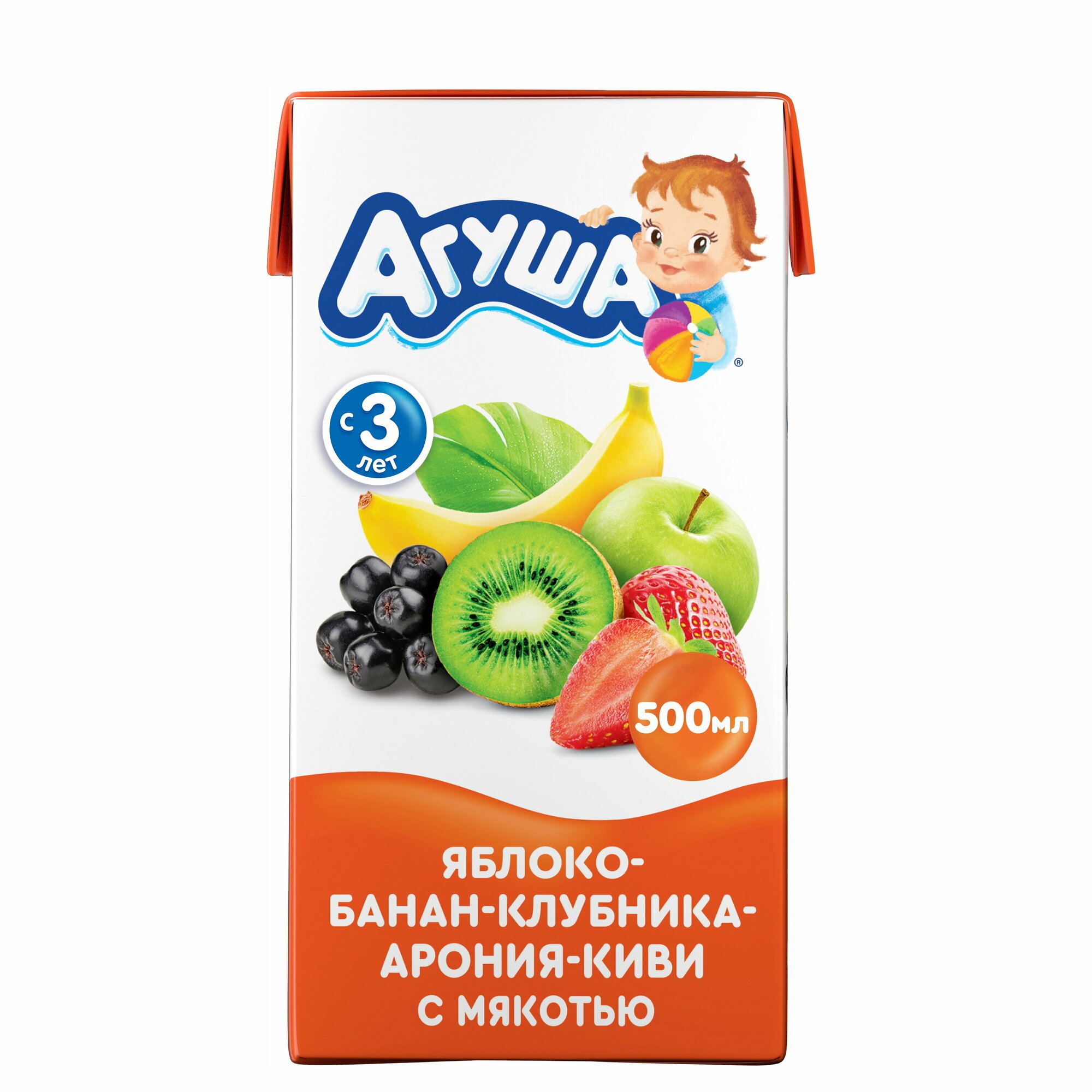 Сок Агуша яблоко-банан-клубника-арония-киви с мякотью с 3 лет