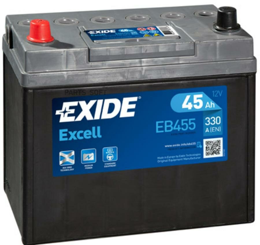 Аккумуляторная батарея EXCELL [12V 45Ah 330A B0] EXIDE / арт. EB455 - (1 шт)