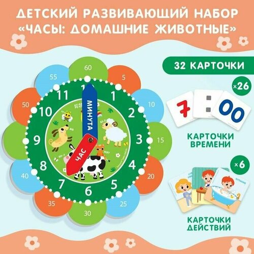 Детский развивающий набор Часы: Домашние животные, 32 карточки