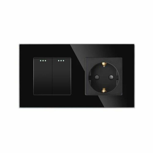 Выключатель двухклавишный, розетка электрическая в комплекте со стеклянной рамкой на два поста черный 86*157 TAWOIA